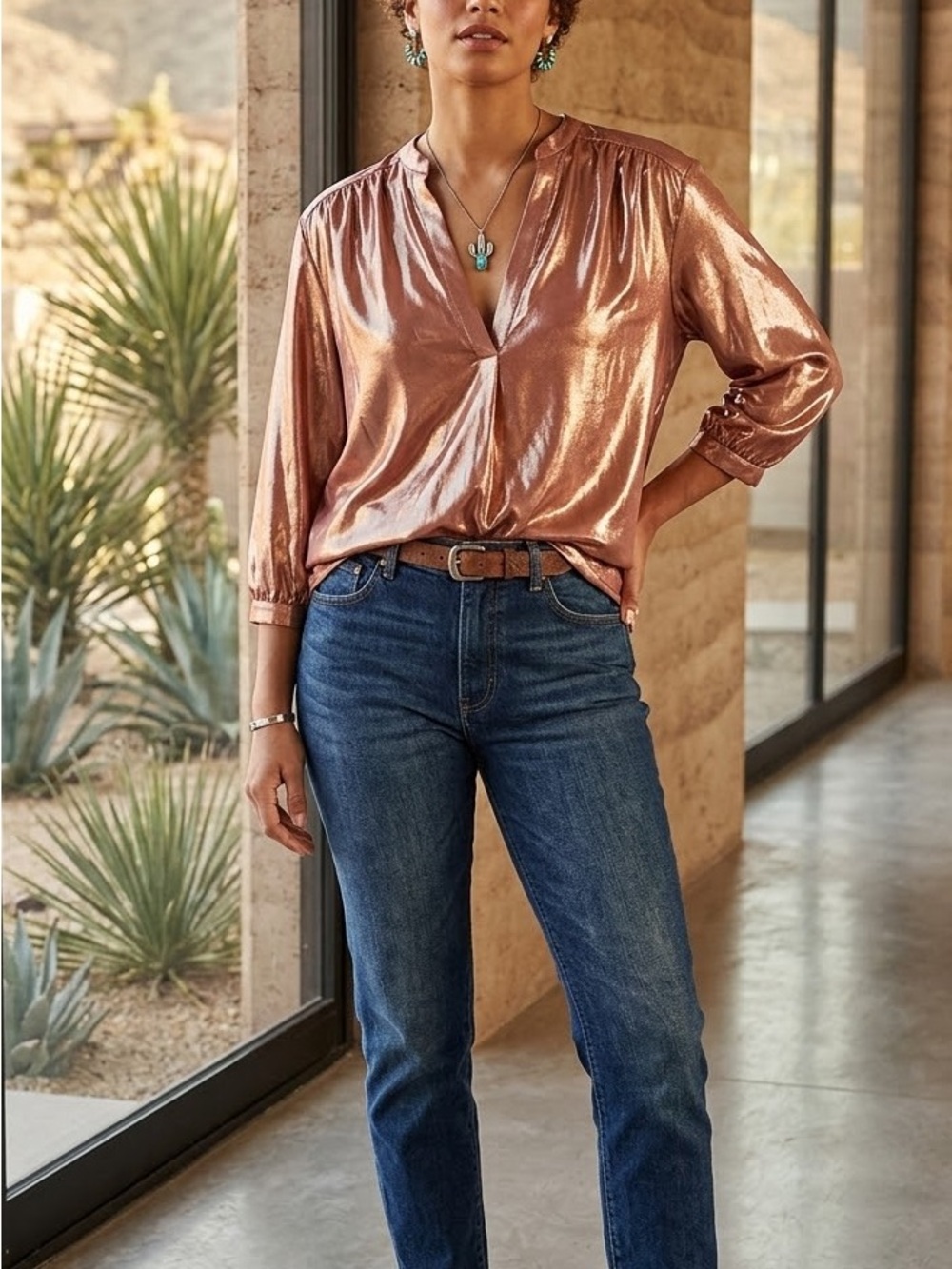 Anthropologie Metallic Bronze V-Neck Blouse